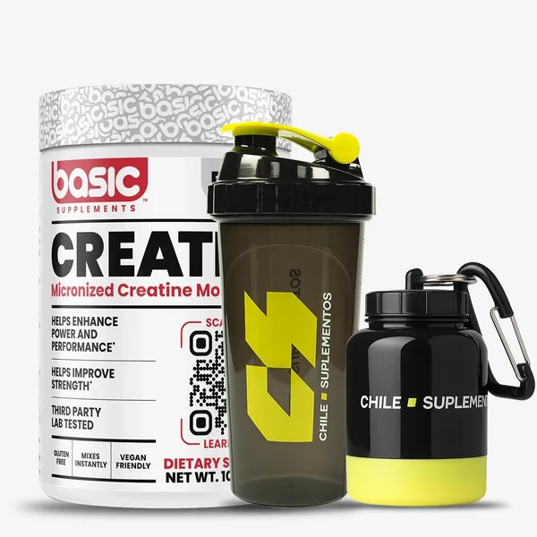 Pack Creatina Basic + Shaker Negro + Porta Proteina