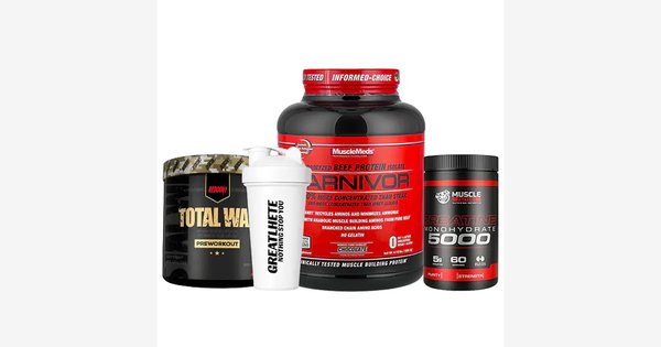 Proteína Carnivor + Creatina Monohidratada + Pre Entreno Total War Y Shaker De Regalo