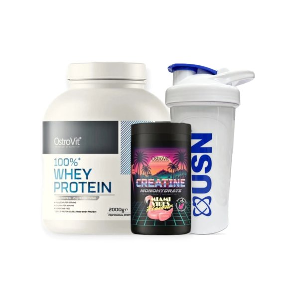 Pack Proteina Whey 66 Sv + Creatina Miami Vibes 500gr + Shaker Ostrovit