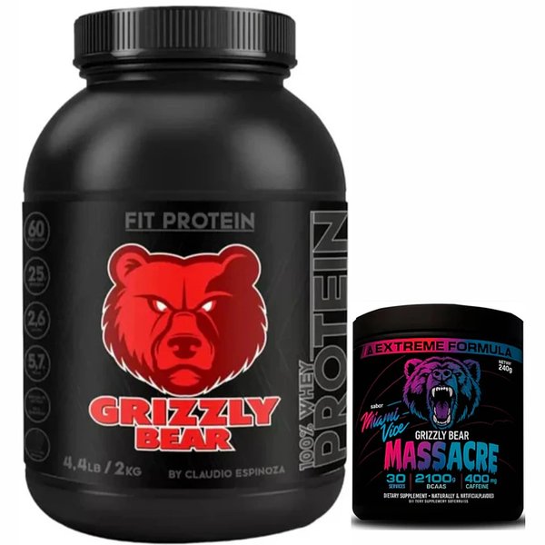 Pack Proteina Whey Grizzly Bear 2kg + Masacre Pre Workout 240gr 30Servicios