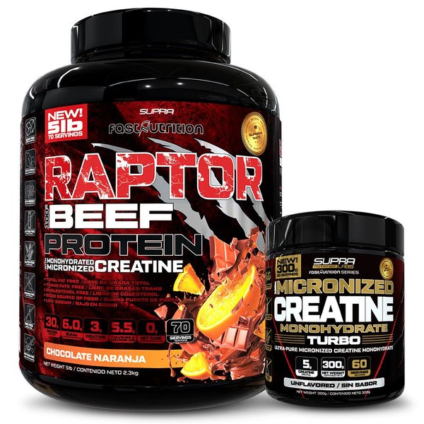 Pack Raptor Beef Protein 5lb +100% Creatina Turbo 300 Grs Fast