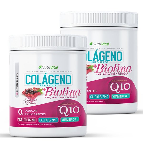 Pack 2 Colágenos Hidrolizado 12g + Biotina + Coenzima Q10 300 Grs Nutrivital