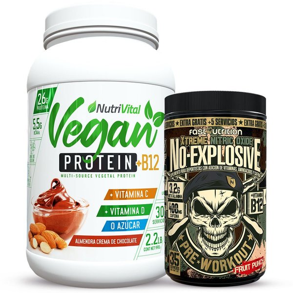 Pack Proteina Vegana Nutrivital Con Vitamina B12 2.2lb + Pre Workout N.O. Explosive 35Serv Fast