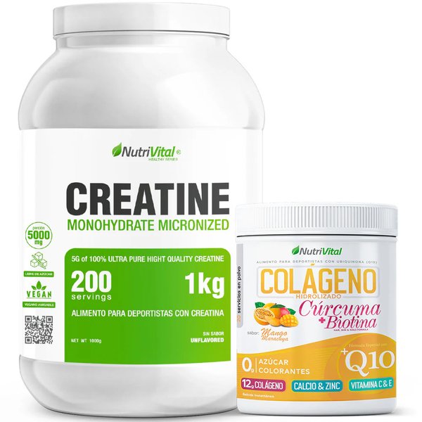 Pack Creatina Monohidratada 1kg + Colágeno Hidr. Q10 + Cúrcuma Y Biotina Nutrivital