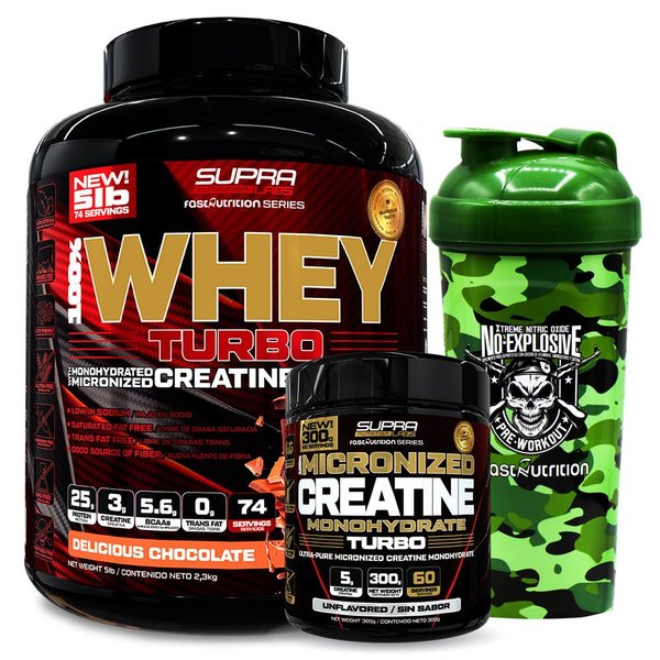 Pack Whey Turbo 5lb + Creatina Turbo 300g + Shaker Camo Green
