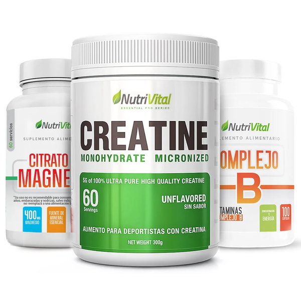 Pack Creatina Monohidrato 300g + Complejo B 100Caps + Citrato De Magnesio 60Caps Nutrivital