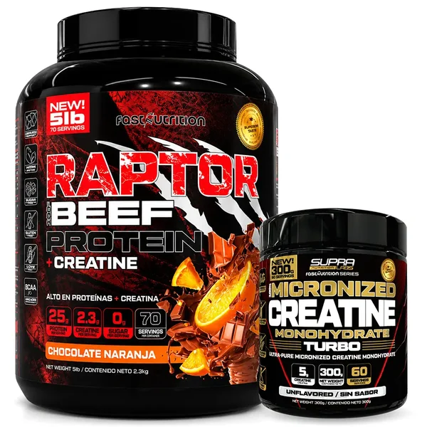 Pack Raptor Beef Protein 5lb +100% Creatina Turbo 300 Grs Fast
