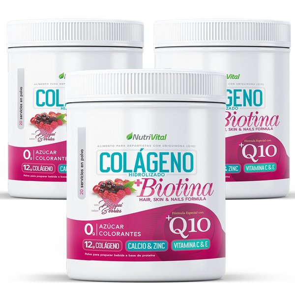 Pack 3 Colágenos Hidrolizado 12g + Biotina + Coenzima Q10 300 Grs Nutrivital